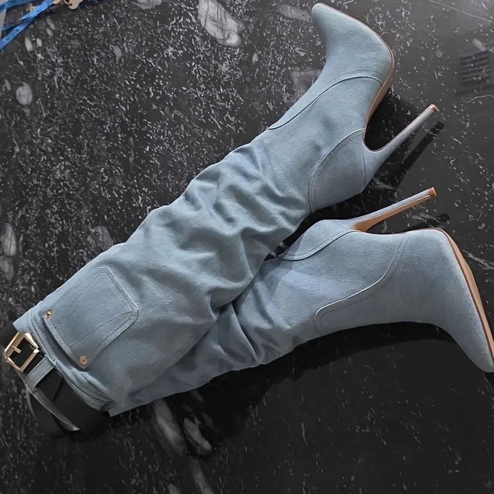 BRAND NEW SHOEDAZZLE BUCKLE OVER THE KNEE STILETTO HEEL WOMENS SLOUCH BOOTS